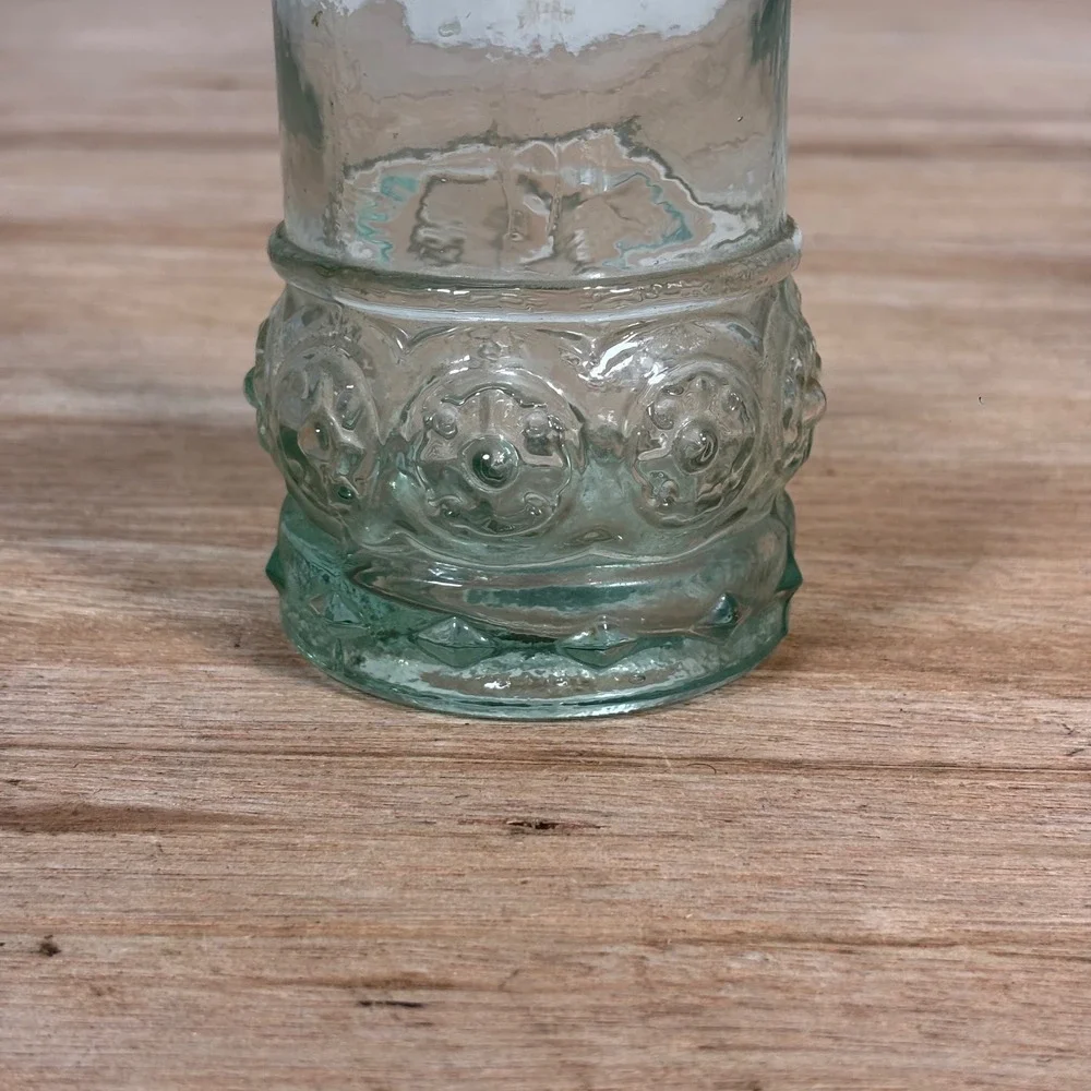 Vintage Embossed Floral Glass Bottle with Cork Stopper Tall Decorative Decanter
